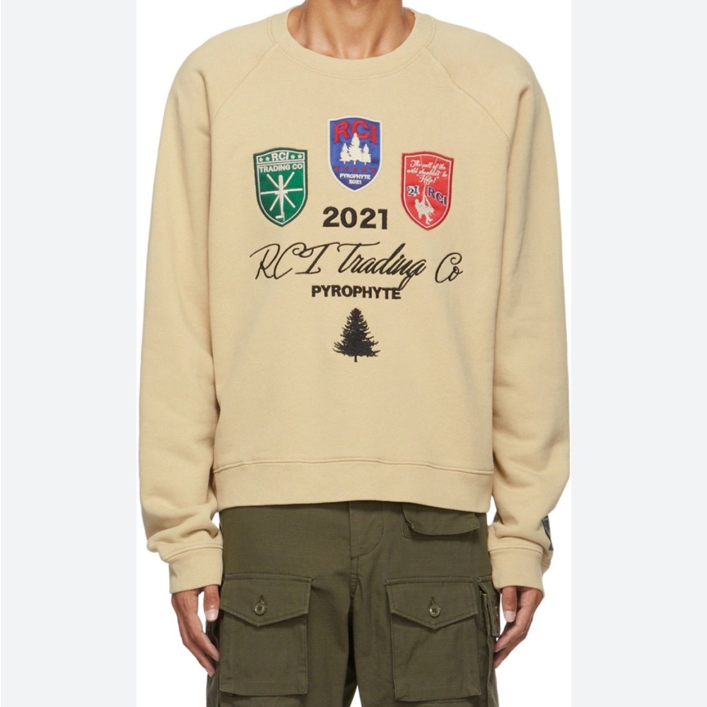 Reese Cooper Patches Embroidered Crew Khaki Sweatshirt
